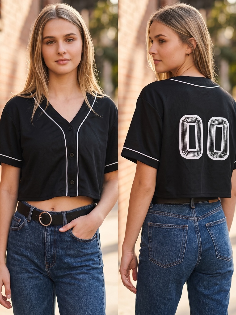 Popular 21 Black Baseball Jersey Crop Top Rhinestone 00 Button Up Size L